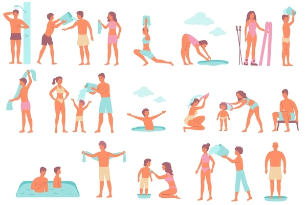 Hardening winter swim set of flat icons and isolated human characters bathing with towels and ice vector illustration