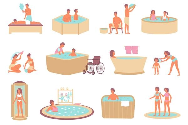 Water procedures cosmetic treatment set of flat isolated icons with people in spa pools with towels vector illustration