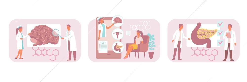 Hormones set of three flat isolated compositions with views of patients visiting doctors and glandula icons vector illustration