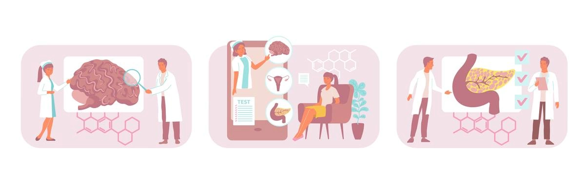 Hormones set of three flat isolated compositions with views of patients visiting doctors and glandula icons vector illustration