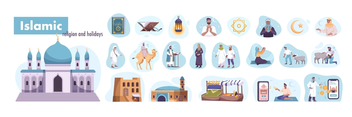 Set with flat isolated islam compositions of religion holiday icons and human characters of muslim people vector illustration