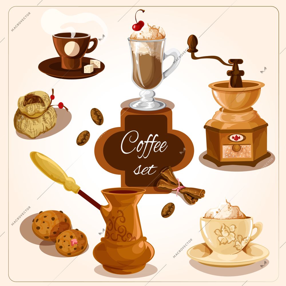 Coffee colored decorative icons set with sugar jar pot bean isolated vector illustration