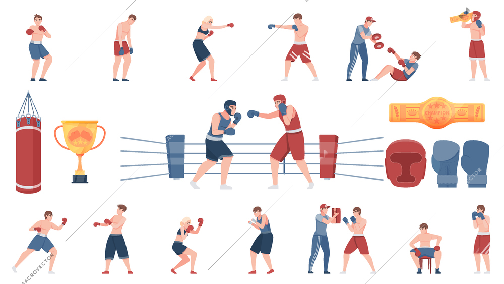 Boxing flat colored icons set of sportsmen  instructors equipment and award cup isolated vector illustration