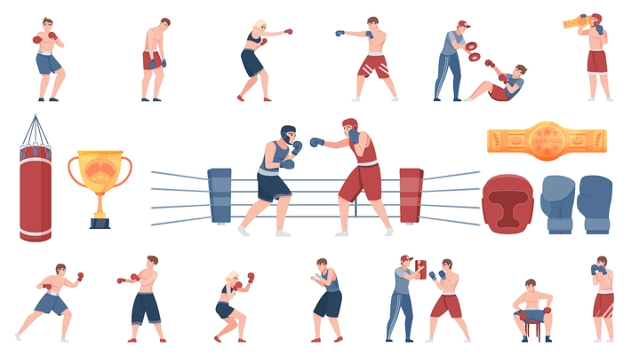 Boxing flat colored icons set of sportsmen  instructors equipment and award cup isolated vector illustration