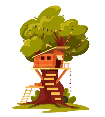 Children tree wood house composition with isolated image of big tree with house on white background vector illustration