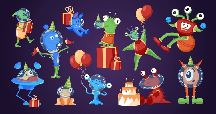 Funny aliens with presents balloons in birthday party hats tasting tier cake cartoon characters set vector illustration