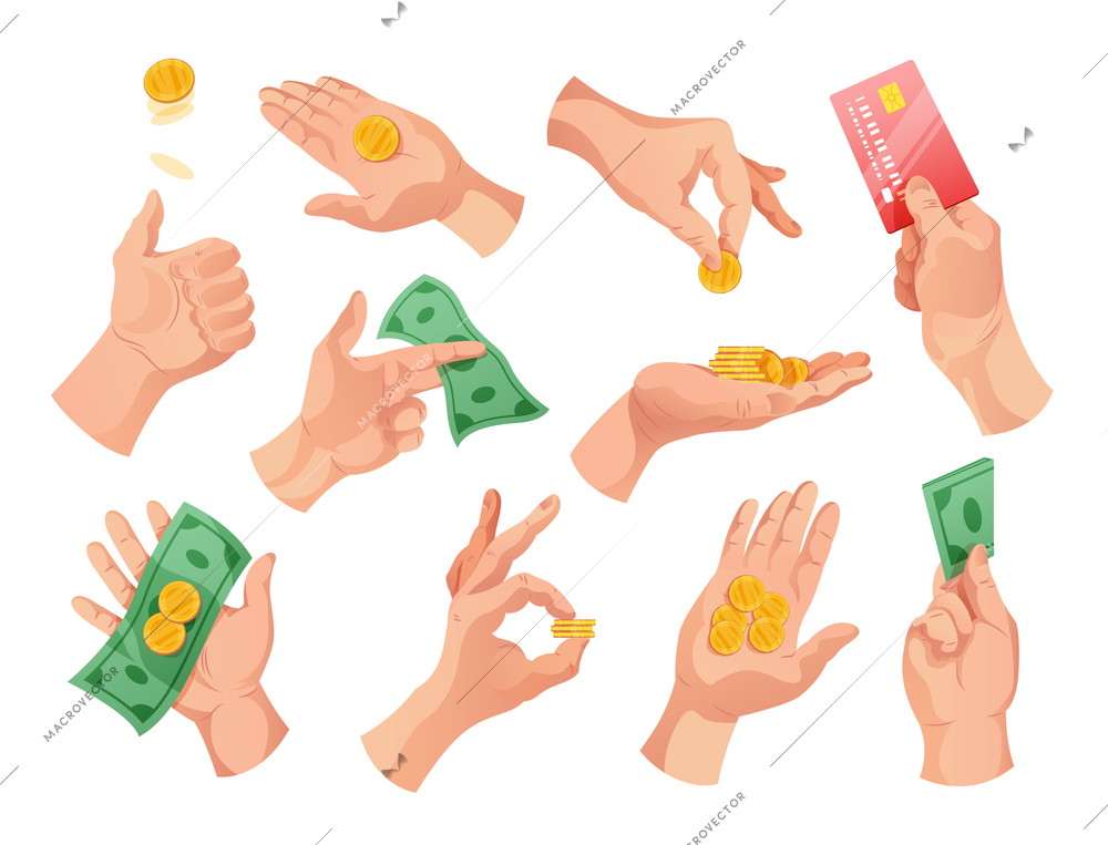 Human hands holding money banknotes coins bank credit card color on white background isolated vector illustration