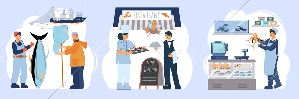 Set of three flat fish compositions with fishermen fishmonger and seafood restaurant staff isolated vector illustration