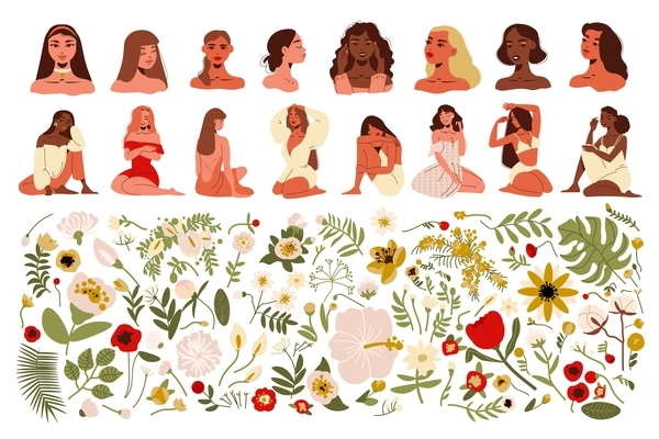 Big flat set of icons with beautiful young women various flowers and leaves isolated vector illustration