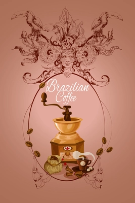 Traditional brazilian drink coffee poster with grinder beans and decoration sketch vector illustration