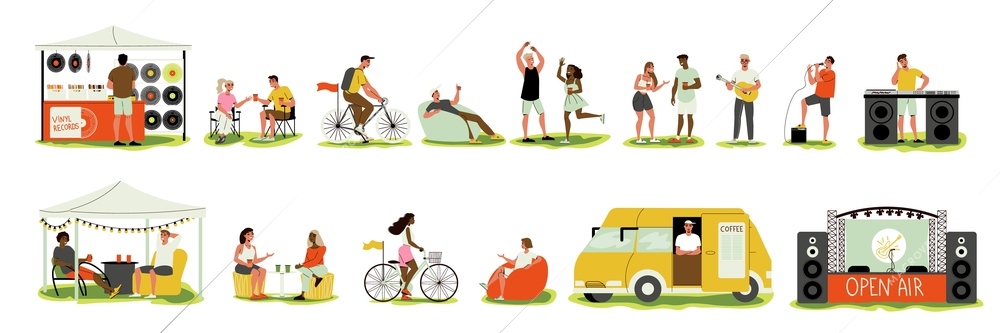 Open air music festival with human characters of festival goers and surrounding infrastructure isolated vector illustration