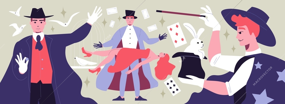 Male illusionists performing tricks with pigeons woman and white rabbit at magic show flat vector illustration