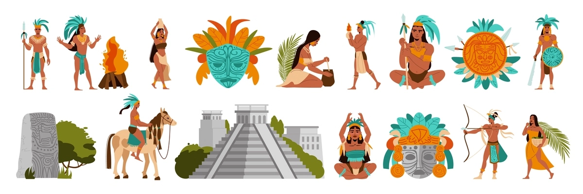 Everyday life of the people of the Mayan civilization set flat isolated vector illustration