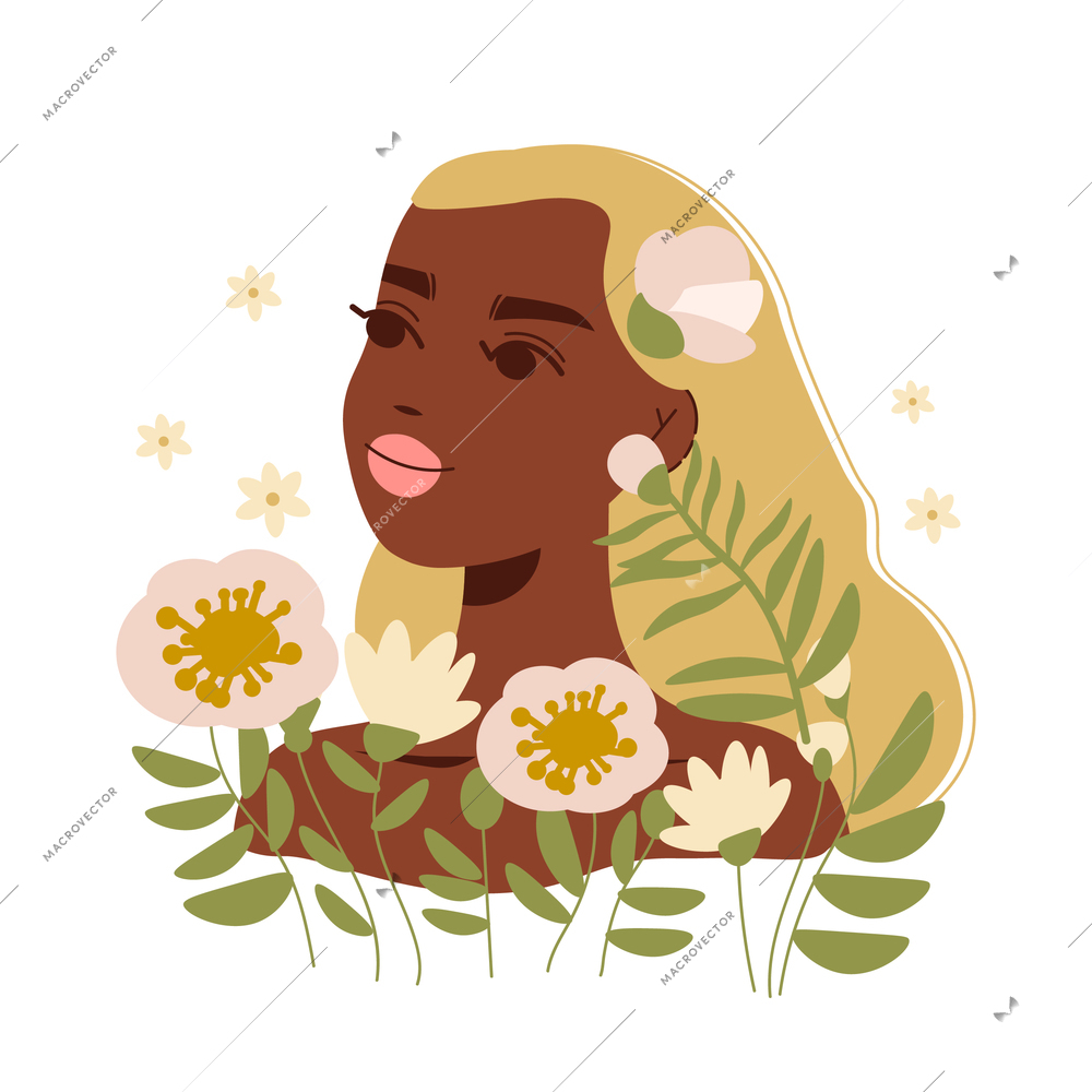 Flat style composition with beautiful young blond woman and flowers on white background vector illustration