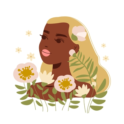 Flat style composition with beautiful young blond woman and flowers on white background vector illustration