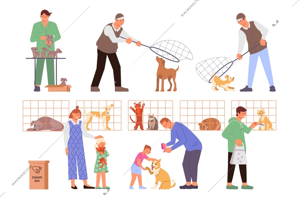 Shelter animals set of flat icons with characters of dog catchers veterinary doctors and new owners vector illustration