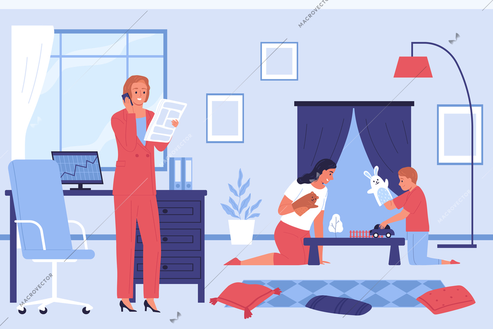 Babysitter businesswoman mother composition with living room scenery and working lady while nanny plays with child vector illustration