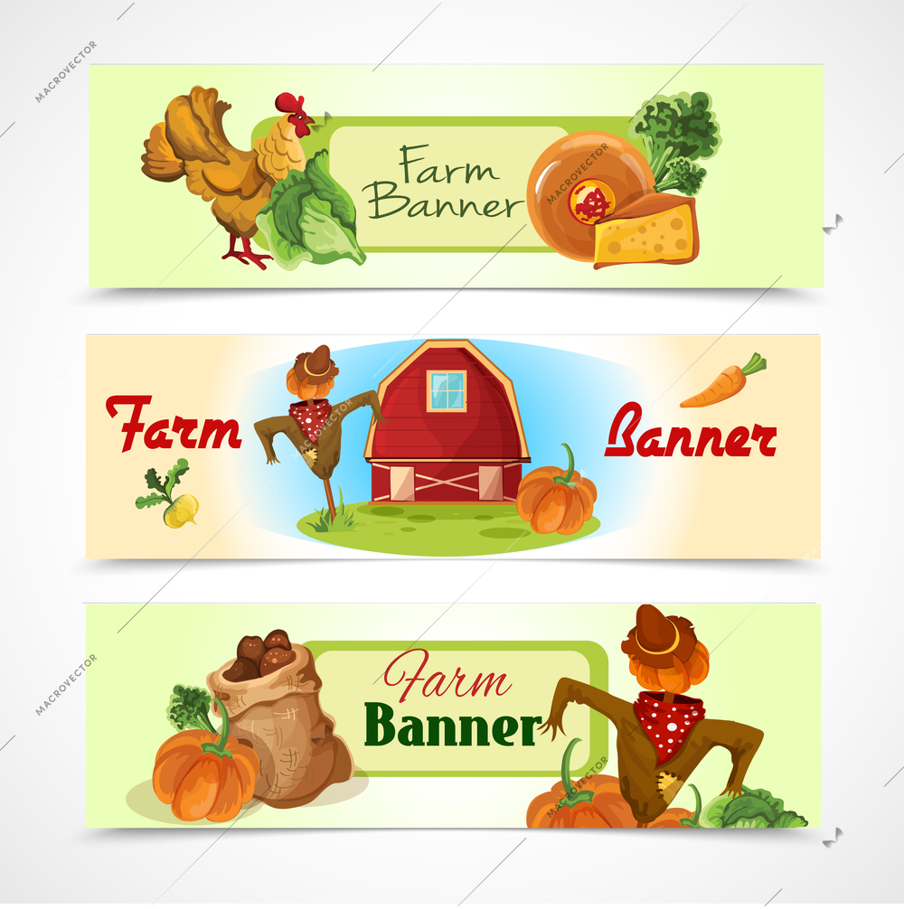 Farm decorative horizontal banners set with cow chicken house and scarecrow isolated vector illustration