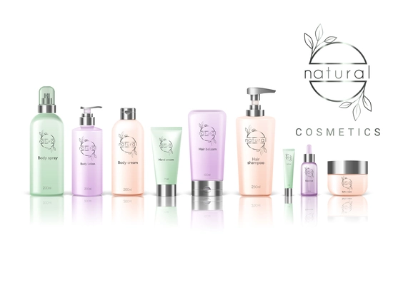 Cosmetics package colored realistic composition with set of plastic bottles with logo and text vector illustration