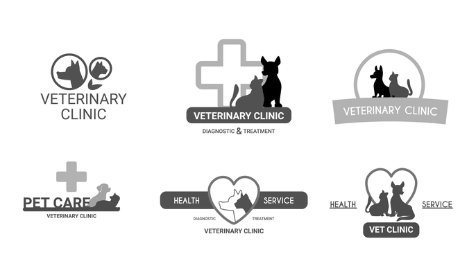 Veterinary clinic 6 black white logo cartoon images set with cross heart cat and dog silhouettes vector illustration