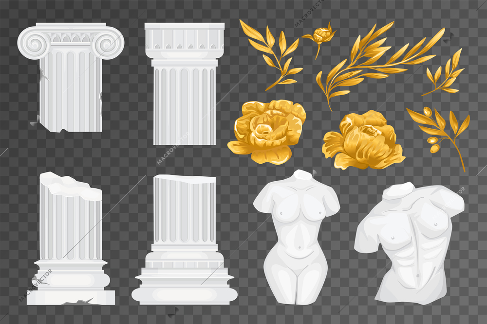 Antique greek flowers transparent icon set white columns two torsos and golden olive branches and flowers vector illustration