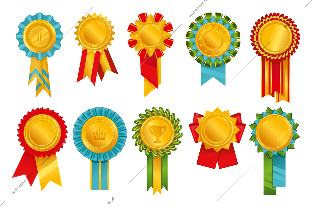 Rosettes rewards icon set round with ribbons various signs and images in the center vector illustration