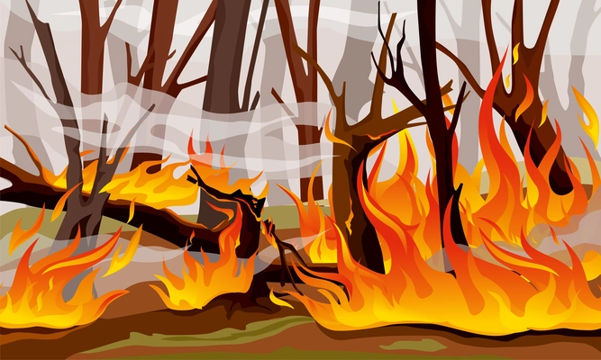 Forest fire flame composition destructive fire that destroys trees and entire forests vector illustration