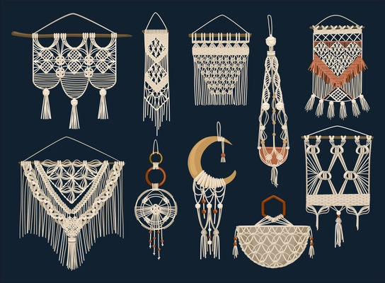 Colored and isolated handcrafted macrame icon set handmade dream catchers home decorations napkins vector illustration