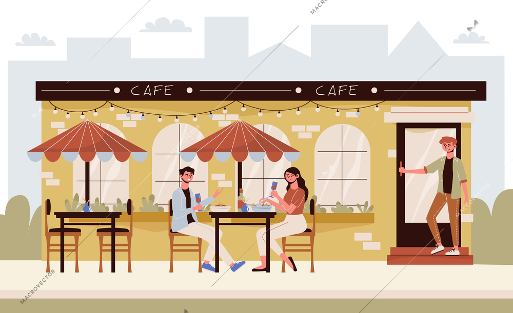 A couple drinking wine on the summer terrace of a cafe flat vector illustration