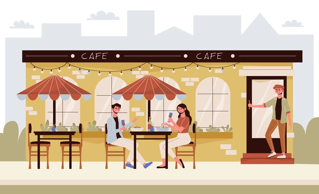 A couple drinking wine on the summer terrace of a cafe flat vector illustration