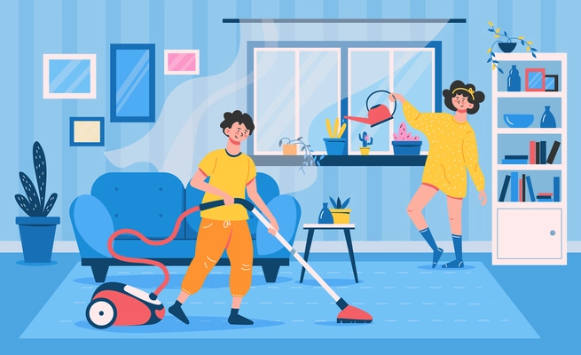 A family of two people cleaning the apartment vacuuming and watering indoor plants flat vector illustration