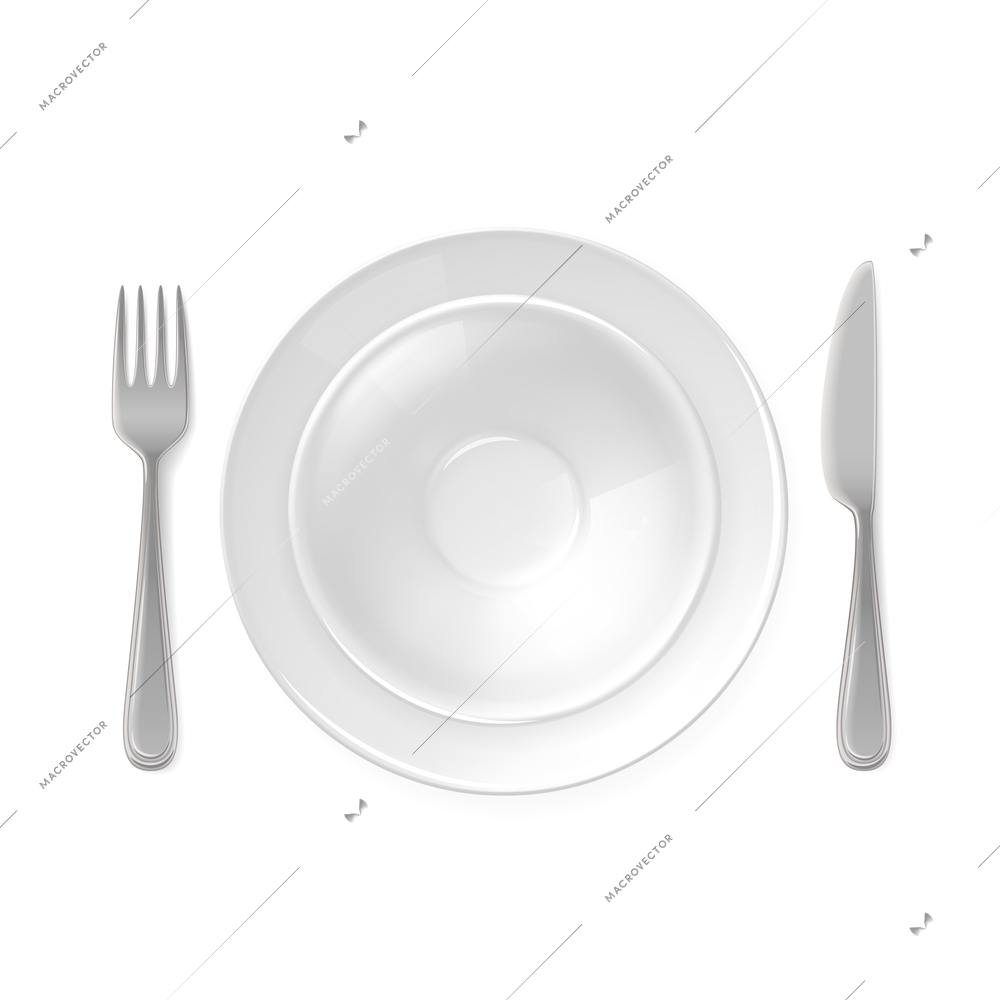 Empty white realistic salad plate with knife and fork isolated on white background vector illustration