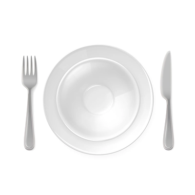 Empty white realistic salad plate with knife and fork isolated on white background vector illustration