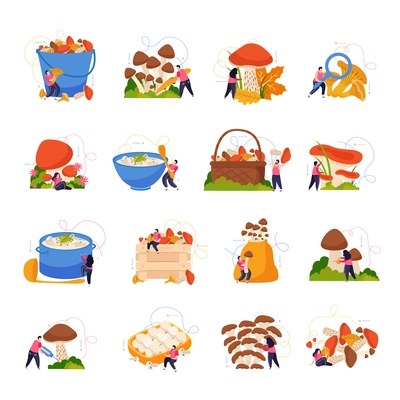 Mushrooms icons set with harvest symbols flat isolated vector illustration