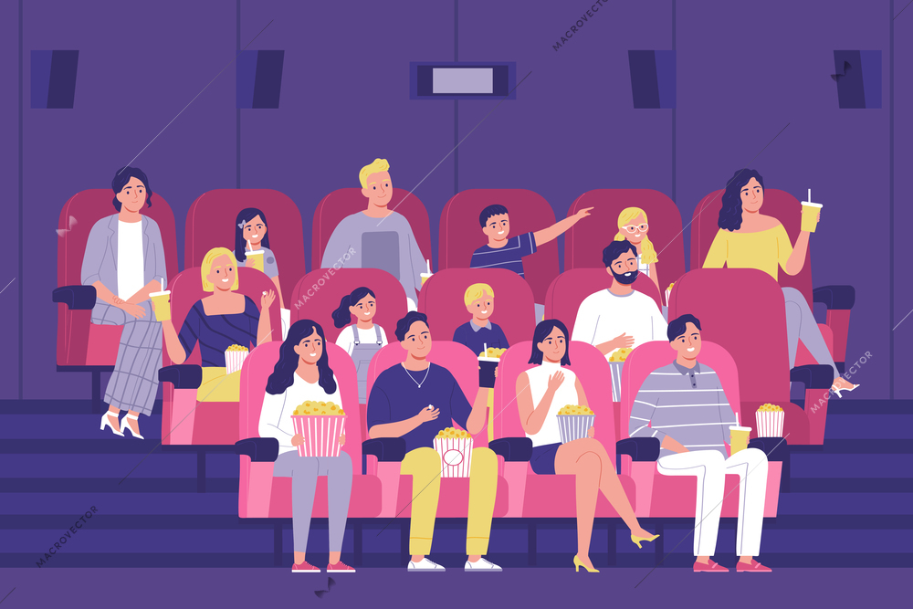 The audience sitting in a cinema hall and watching a movie flat vector illustration