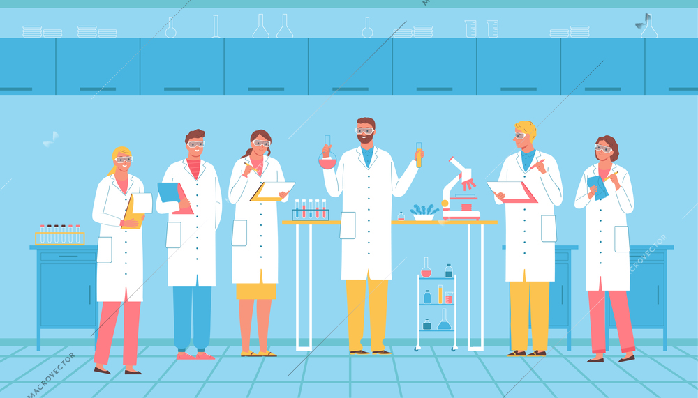 Meeting of scientists with lead scientist in laboratory flat vector illustration