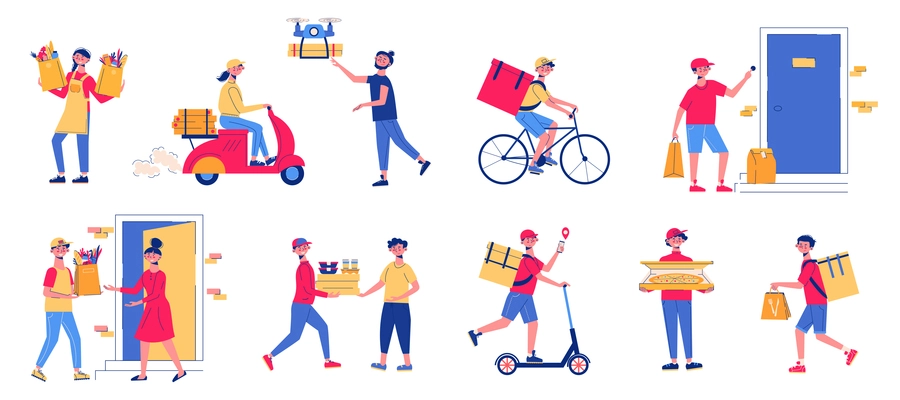 Food delivery color icon set couriers in different vehicles deliver food to customers vector illustration