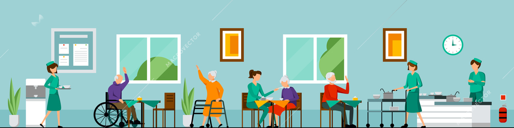 Flat nursing home characters composition with nursing home environment helping the elderly and assisting as needed vector illustration