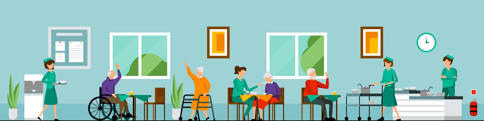 Flat nursing home characters composition with nursing home environment helping the elderly and assisting as needed vector illustration