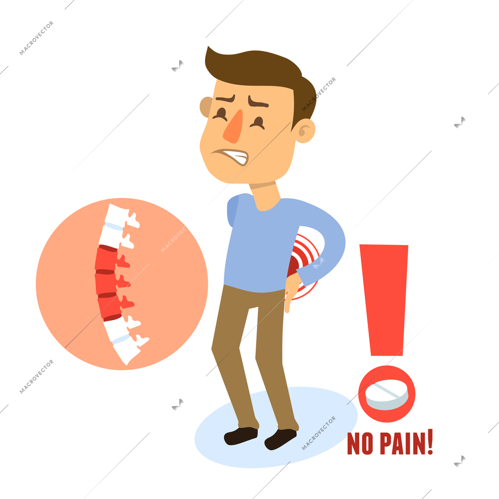 Sick back pain male person character with pill vector illustration