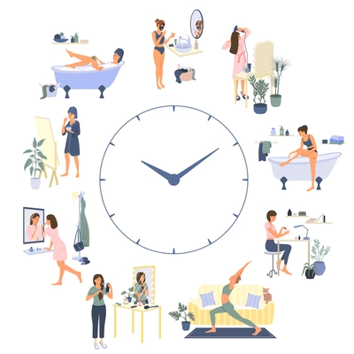 Routine time flat composition with clock in center and female characters take care of yourself around vector illustration