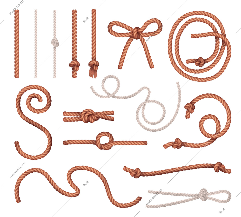 Rope pieces decorative shapes different knots types realistic set with overhand bowline anchor hitch isolated vector illustration