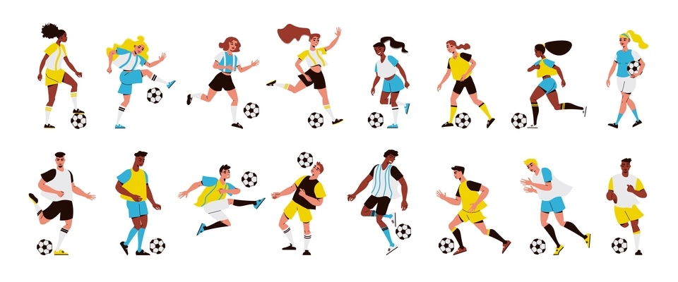 Male and female football players with balls flat set isolated vector illustration