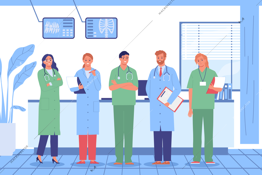 Hospital doctors composition with clinics reception scenery and doodle style characters of medical specialists in uniform vector illustration