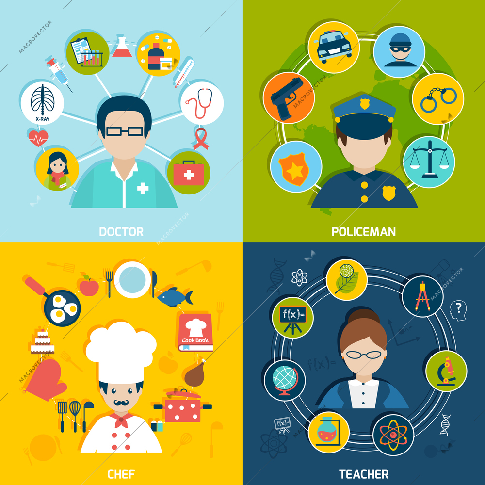 People professions flat icons set with doctor policeman chef teacher isolated vector illustration