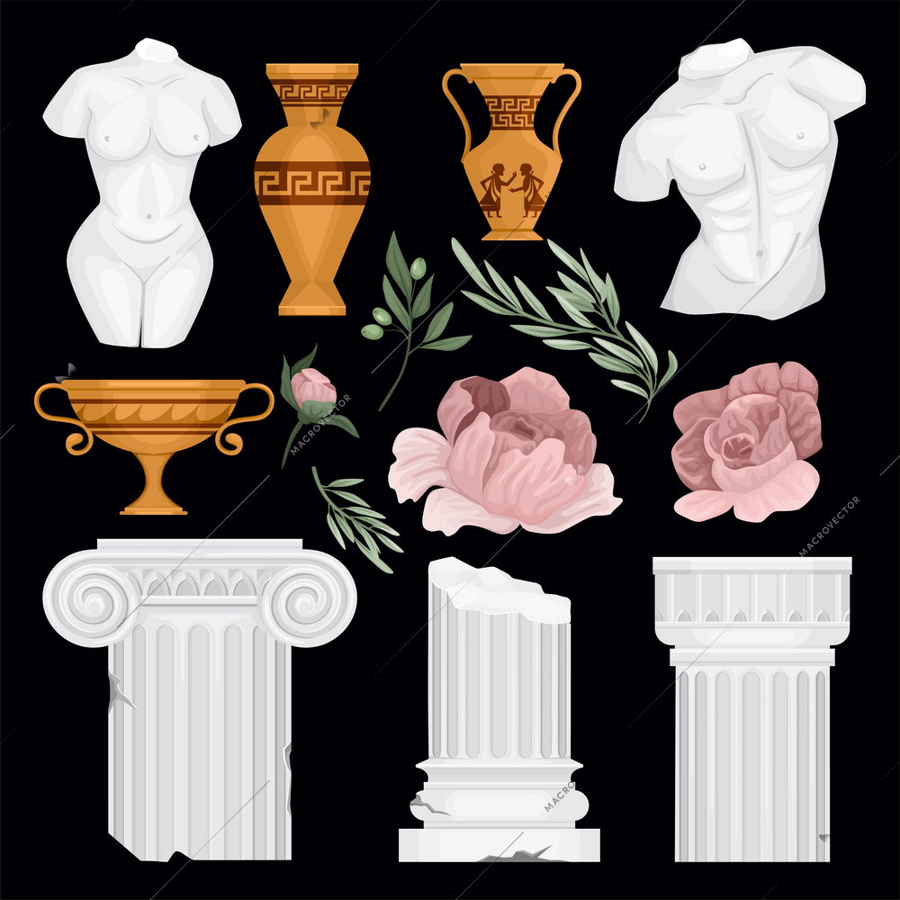 Antique greek background set with isolated doodle images of greek columns leaves flowers and golden amphora vector illustration
