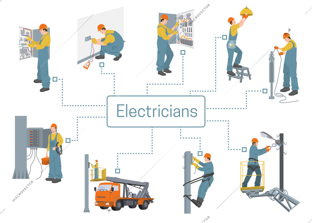 Electricians infographics layout demonstrated technicians working with breaker fuse box electric switchboard and street lighting devices vector illustration