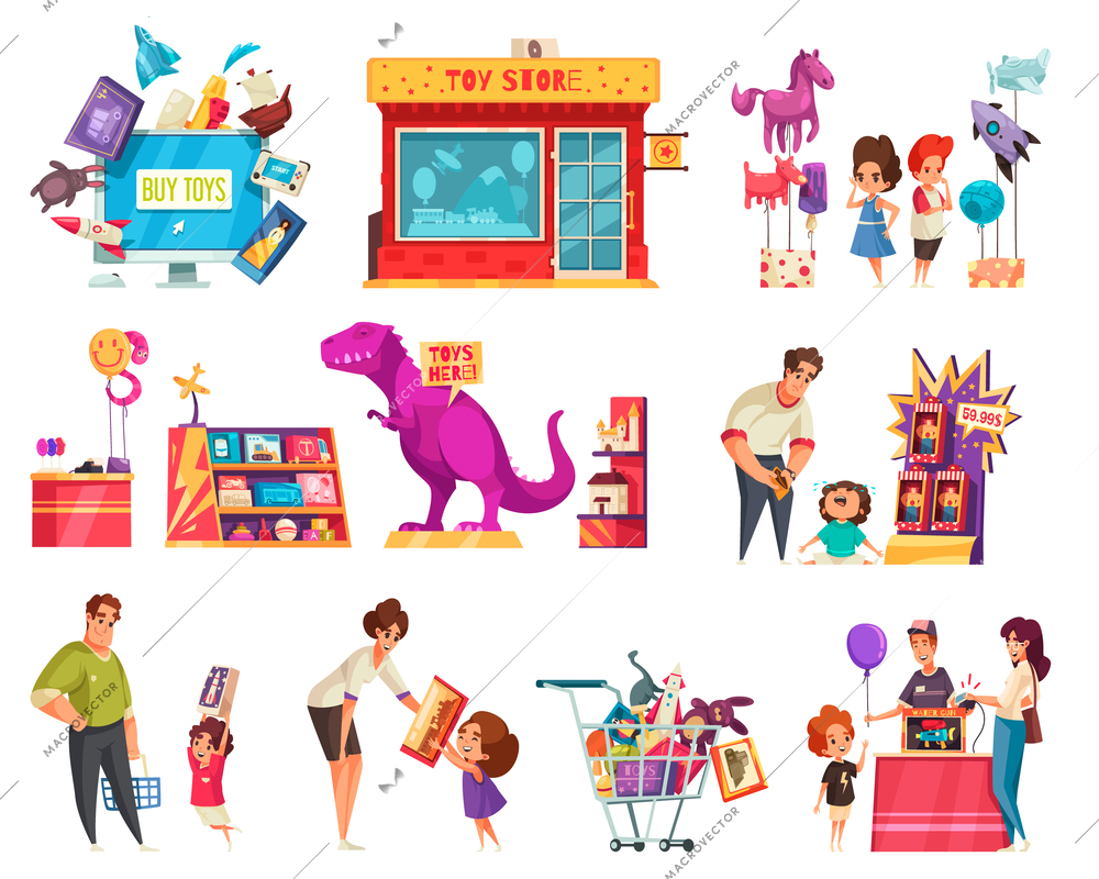 Toys shop cartoon set of adult and kid characters making purchases in store for child isolated flat vector illustration
