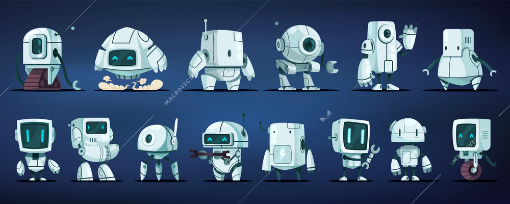 Futuristic robots color collection of primitive wheeled droid robot assistant robot postman humanoid cartoon characters isolated vector illustration