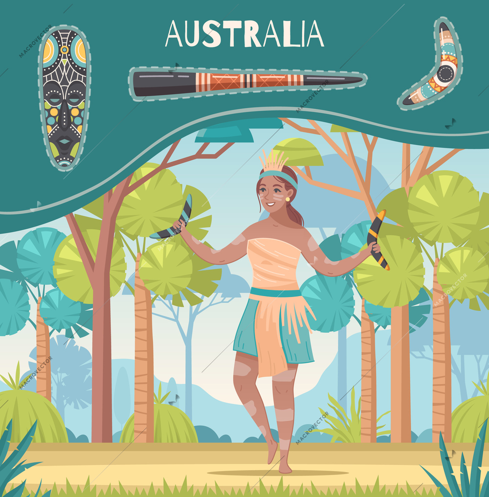 Australia cartoon poster with charming female aborigine in national clothes holding boomerang at natura background vector illustration
